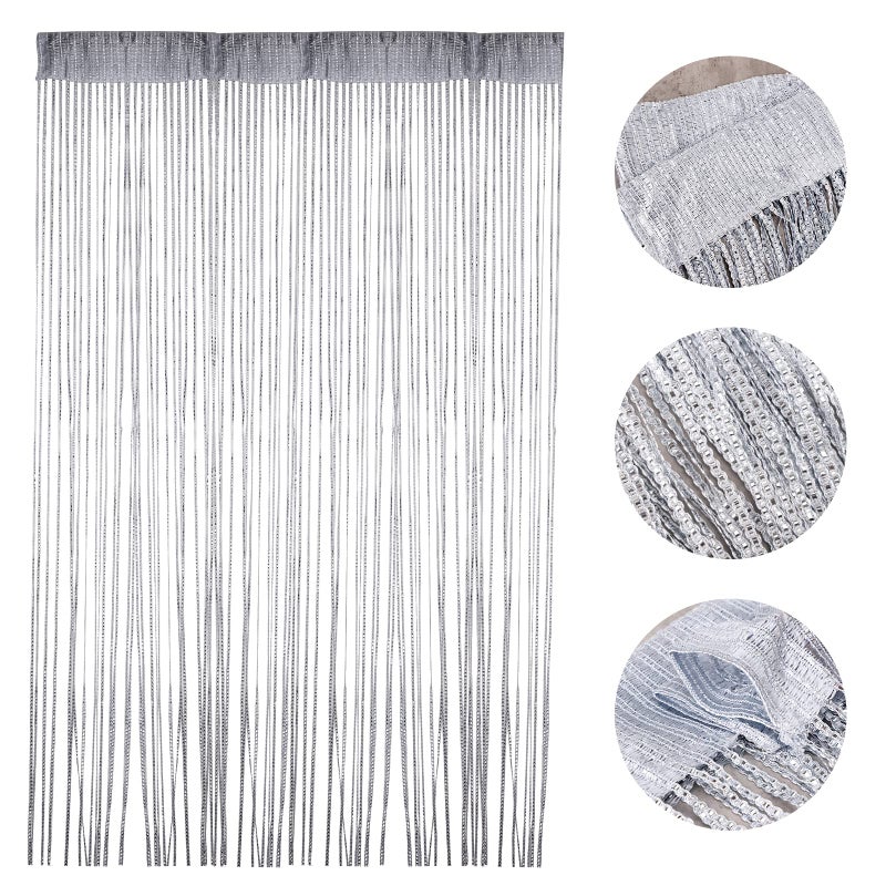 Vidillo Door String Curtain, Wall Panel Fringe Window Room Divider Blind, Home Patio Bedroom Decorative Tassel Screen Ribbon Strings Strip Silver Thread Screen for Wedding Coffee House (Grey) - Image 3